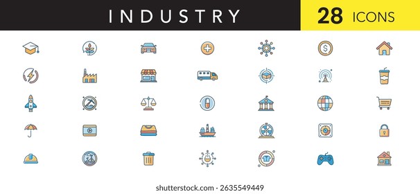 Industry Line Art Color Icon Set  Minimal Industrial Icons for Manufacturing, Factory, Engineering, Automation