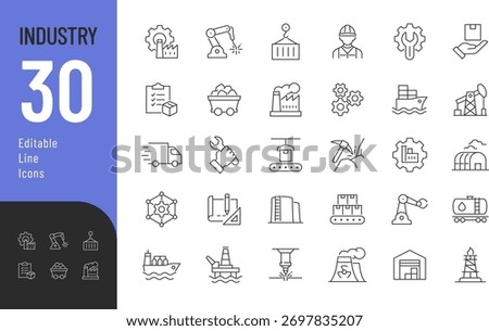 Industry Line Editable Icons set. Vector illustration in modern thin style of production related icons: machinery, factory, logistic, and more. Isolated on transparent background.