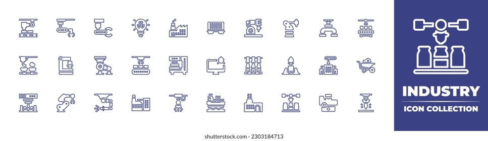 Industry line icon collection. Editable stroke. Vector illustration. Containing robot arm, robotic arm, industrial robot, light, factory, freight wagon, pipe, conveyor, process, grinding, industry.