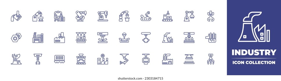 Industry line icon collection. Editable stroke. Vector illustration. Containing heavy, robotic arm, refinery, mechanical arm, sorting, nuts, factory, industrial, fill, bending, metallurgy.