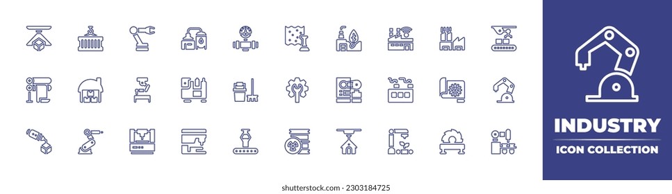 Industry line icon collection. Editable stroke. Vector illustration. Containing crane, robotic arm, beer factory, manometer, synthetic, green, smart factory, factory, printer, shed, industrial robot.