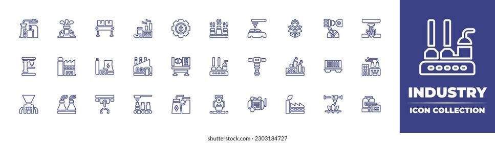 Industry line icon collection. Editable stroke. Vector illustration. Containing oil refinery, fracking, conveyor, eco factory, oil industry, factory, automobile, box, robot arm, drilling, drilling.