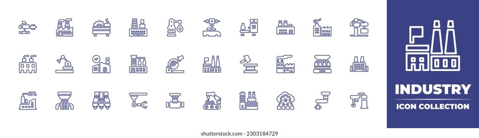 Industry line icon collection. Editable stroke. Vector illustration. Containing trencher, industry, saw machine, industrial robot, production, factory, crane, sawmill, crusher, conveyor, robotic arm.