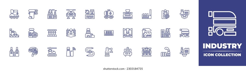 Industry line icon collection. Editable stroke. Vector illustration. Containing industrial robot, rolling machine, power plant, d, green factory, oil tank, hydraulic, factory, checklist, waste water.