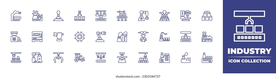 Industry line icon collection. Editable stroke. Vector illustration. Containing assembly line, industry, control lever, conveyor, conveyor belt, robotic arm, machine, drill, wood block, crusher.