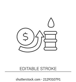  Industry line icon. Oil price growth. Arrow up on the oil barrel. Global economy.Economic recovery concept. Isolated vector illustration.Editable stroke