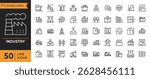 Industry line icon set. Containing factory, assembly line, manufacturing, machinery, conveyor belt, welding, robotics, automation, engineering, gears, and more. Editable stroke. Vector illustration