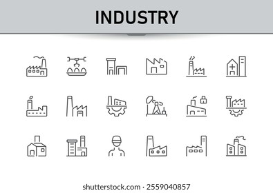 Industry line icon set. Contains such icons as factory, processing, machine, fabrication, manufacturing, technician and more. Minimalistic web and UI icons. Vector illustration.