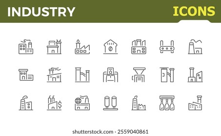 Industry line icon set. Contains such icons as factory, processing, machine, fabrication, manufacturing, technician and more. Minimalistic web and UI icons. Vector illustration.