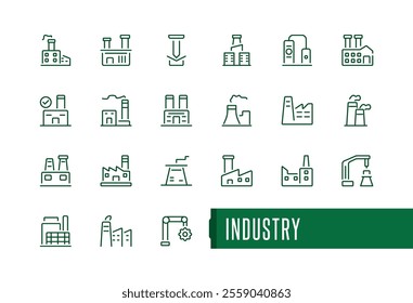 Industry line icon set. Contains such icons as factory, processing, machine, fabrication, manufacturing, technician and more. Minimalistic web and UI icons. Vector illustration.