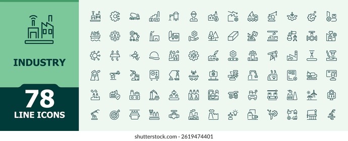 Industry line icon set. Featuring production, manufacturing, construction, engineer, industrial, engine and more. Industrial line icon set. Minimalist icons collection. Signs for web and mobile app.