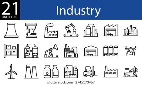 Industry line icon set in outline style, factories, machinery, energy, logistics, and production
