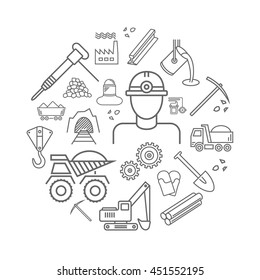 Industry line icons set. Metallurgy and Coal mining sign in a circle.