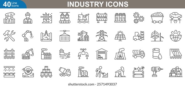 Industry line icons set. Related construction, technology, energy, and more. Vector illustration collection representing diverse sectors and professions.