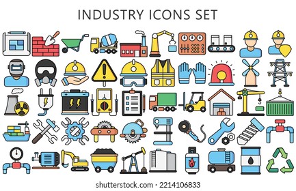 Industry lineal multi color icons set. energy, construction, production, manufacturing, power station, mine, warehouse and more. for modern UI or UX kit, and app. vector EPS 10 ready convert to SVG.