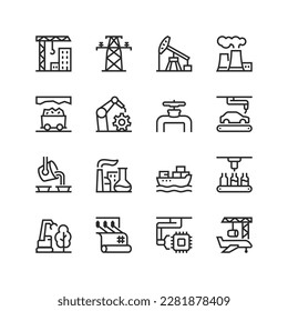 Industrie, lineare Symbole gesetzt. Industrie, Produktion. Baugewerbe, Elektrizität, Öl, Fabrik, Bergbau, Maschinen, Automobil, Metall, Logistik, Lebensmittel, Mikroelektronik usw. Bearbeitbare Hubbreite