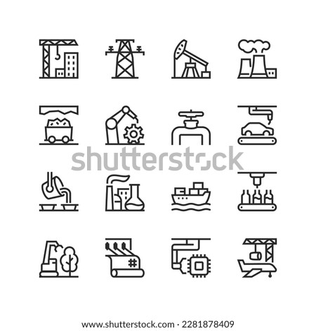 Industry, linear icons set. Industries, production. Construction, electricity, oil, factory, mining, machine, automotive, metal, logistics, food, microelectronics, etc. Editable stroke width