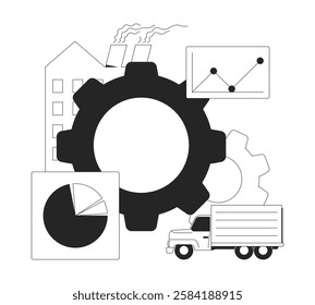 Industry, logistics and data analysis black and white 2D illustration concept. Supply chain. Transportation management. Efficiency factory outline composition isolated. Metaphor monochrome vector art