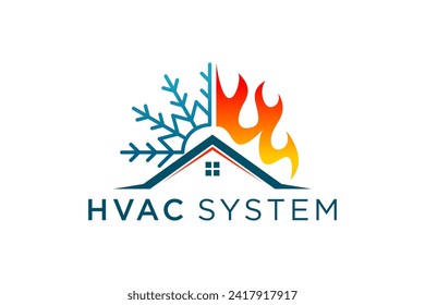 Industry logo for HVAC Heating, Ventilation, and Air Conditioning system, fire duct system channels, snow and fire house roof shape elements.