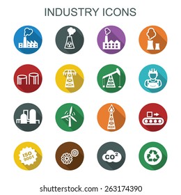 industry long shadow icons, flat vector symbols