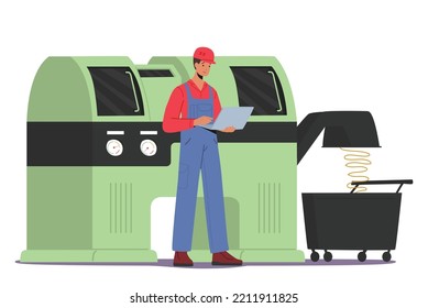 Industry, Machine Factory Production Process with Worker Character on Manufacture. Employee with Laptop Working on Plant Produce Details and Mechanical Elements. Cartoon People Vector Illustration