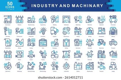 Industry and Machinery color icon set illustrates key elements of industrial operations, manufacturing, and innovation. Perfect for logistics, engineering, automation, and mechanical system visuals.