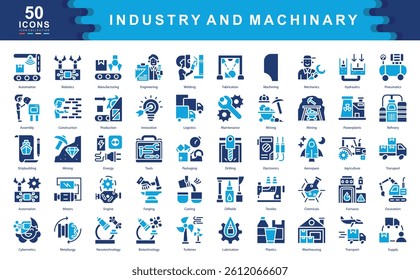 The Industry and Machinery icon set illustrates key elements of industrial operations, manufacturing, and innovation. Perfect for logistics, engineering, automation, and mechanical system visuals.
