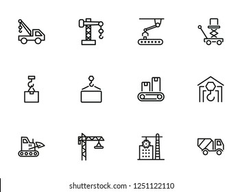 Industry machines line icon set. Concrete mixer, crane, site. Machinery concept. Can be used for topics like construction, robotic science, technology