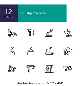 Conjunto de iconos de línea de máquinas industriales. Mezclador de hormigón, grúa, sitio. Concepto de maquinaria. Se puede usar para temas como construcción, ciencia robótica, tecnología