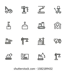 Industry Machines Line Icon Set. Concrete Mixer, Crane, Site. Machinery Concept. Can Be Used For Topics Like Construction, Robotic Science, Technology