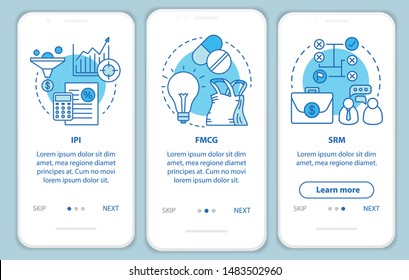 Industry management blue onboarding mobile app page screen with linear concepts. Manufacturing, IPI, FMCG, SRM walkthrough steps graphic instructions. UX, UI, GUI vector template with illustrations