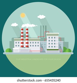 industry manufactory building. Factories producing oil and gas, metals and rubber, energy and power. Icon of eco friendly factories. Flat Vector background illustration