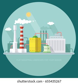 industry manufactory building. Factories producing oil and gas, metals and rubber, energy and power. Icon of eco friendly factories. Flat Vector background illustration