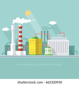 industry manufactory building. Factories producing oil and gas, metals and rubber, energy and power. Destroys nature. Icon of eco friendly factories. Flat Vector background illustration