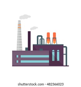 Industry manufactory building icon. Factory producing oil and gas, metals and rubber, energy and power. Nuclear manufacturing station making smoke and air pollution. Destroying nature. Vector