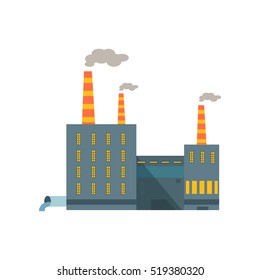 Industry manufactory building icon. Factory producing oil and gas, metals and rubber, energy and power. Nuclear manufacturing station making smoke and air pollution. Destroying nature. Vector