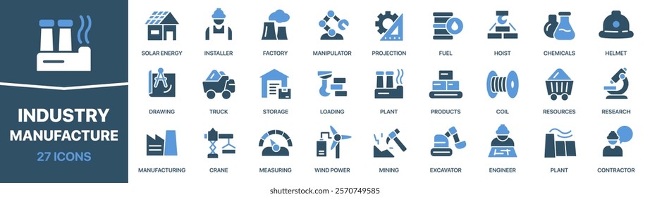 Industry and manufacture colored signed icon collection. Factory, plant, production, crane icons. UI icon set. Colored icons pack. Vector illustration EPS10