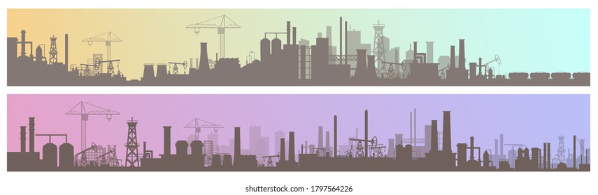 Industry, manufacture landscapes vector illustrations. Cartoon flat urban industrial zone with manufacturing plants, power stations, warehouses, cooling tower silhouettes