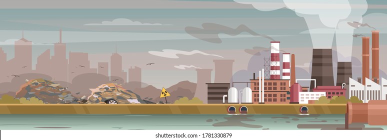 Industria, fabricación de ilustraciones de vectores paisajísticos contaminados. Paisaje urbano plano de caricatura, zona industrial con plantas de fabricación, centrales eléctricas. Fondo de contaminación de la ciudad