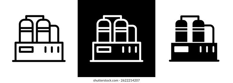 Industry Manufacturing Chemical Icons Graphic. Factory, Plant, Tanks, Production, Engineering Symbols. Outline and Solid Vector Styles