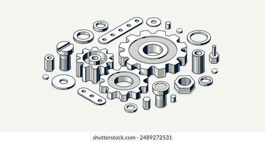 Industrie- und Fertigungskonzept, Zahnräder und Zahnradzusammensetzung isometrische 3D-Vektorillustration, Zahnräder Systemtechnik und Technik Maschinenmotor.