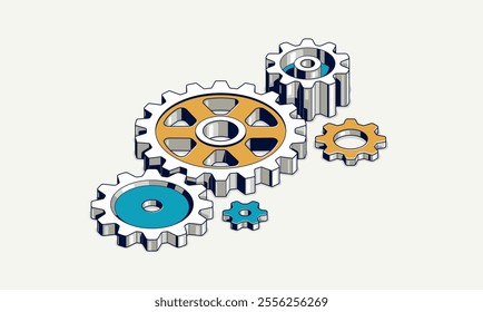 Industry and manufacturing concept, gears and cogs composition isometric 3D vector illustration, cogwheels system technology and technics machinery engine.