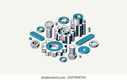 Industry and manufacturing concept, gears and cogs composition isometric 3D vector illustration, cogwheels system technology and technics machinery engine.