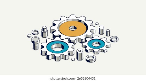 Industry and manufacturing concept, gears and cogs composition isometric 3D vector illustration, cogwheels system technology and technics machinery engine.