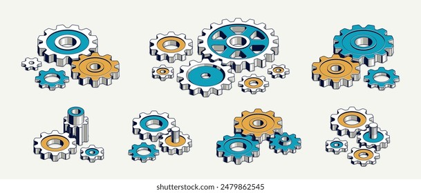 Conjunto de conceptos de industria y manufactura, Ilustración vectorial 3D isométrica de engranajes y engranajes, tecnología del sistema de ruedas dentadas y motor de maquinaria técnica.