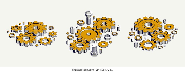 Industry and manufacturing concept set, gears and cogs composition isometric 3D vector illustration, cogwheels system technology and technics machinery engine.