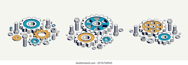 Industry and manufacturing concept set, gears and cogs composition isometric 3D vector illustration, cogwheels system technology and technics machinery engine.