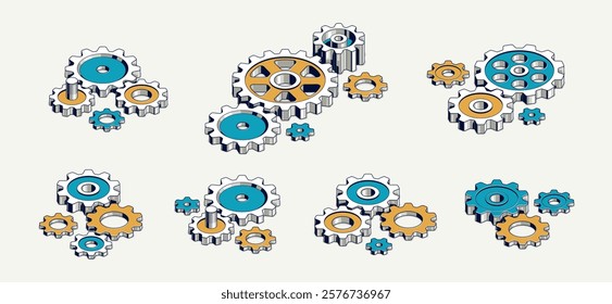 Industry and manufacturing concept set, gears and cogs composition isometric 3D vector illustration, cogwheels system technology and technics machinery engine.