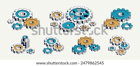 Industry and manufacturing concept set, gears and cogs composition isometric 3D vector illustration, cogwheels system technology and technics machinery engine.