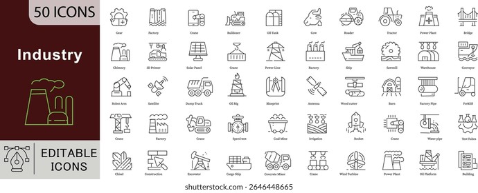 Icon-Set für die Industrieproduktion - 50 bearbeitbare Icons für die Industrieproduktion für Fabrik, Bau und schwere Ausrüstung Vektor-Kollektion